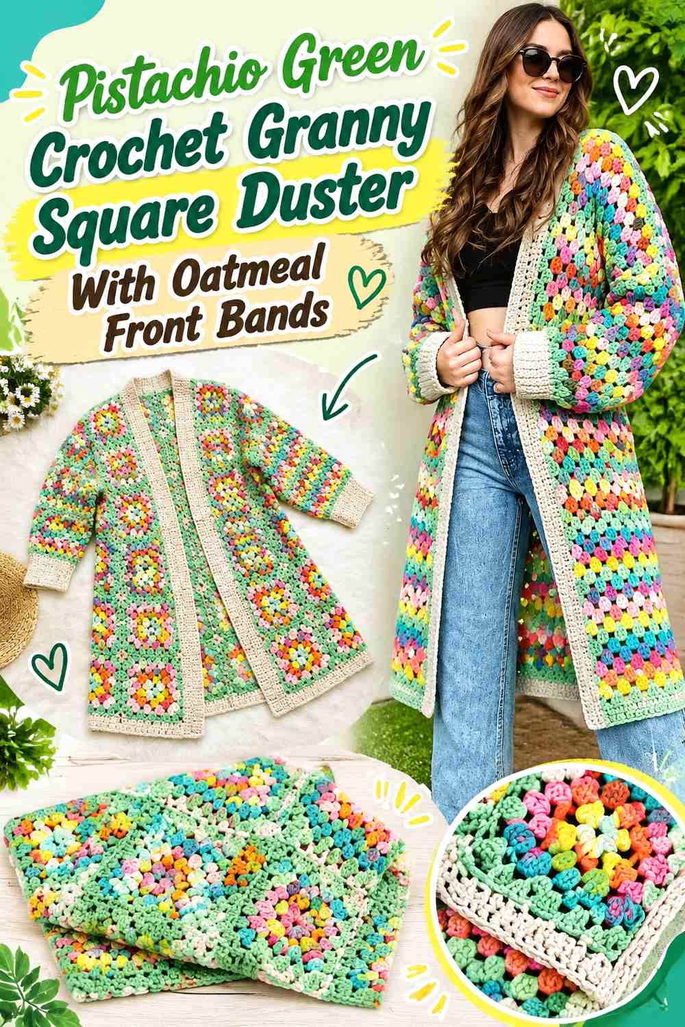Pistachio Green Crochet Granny Square Duster With Oatmeal Front Bands