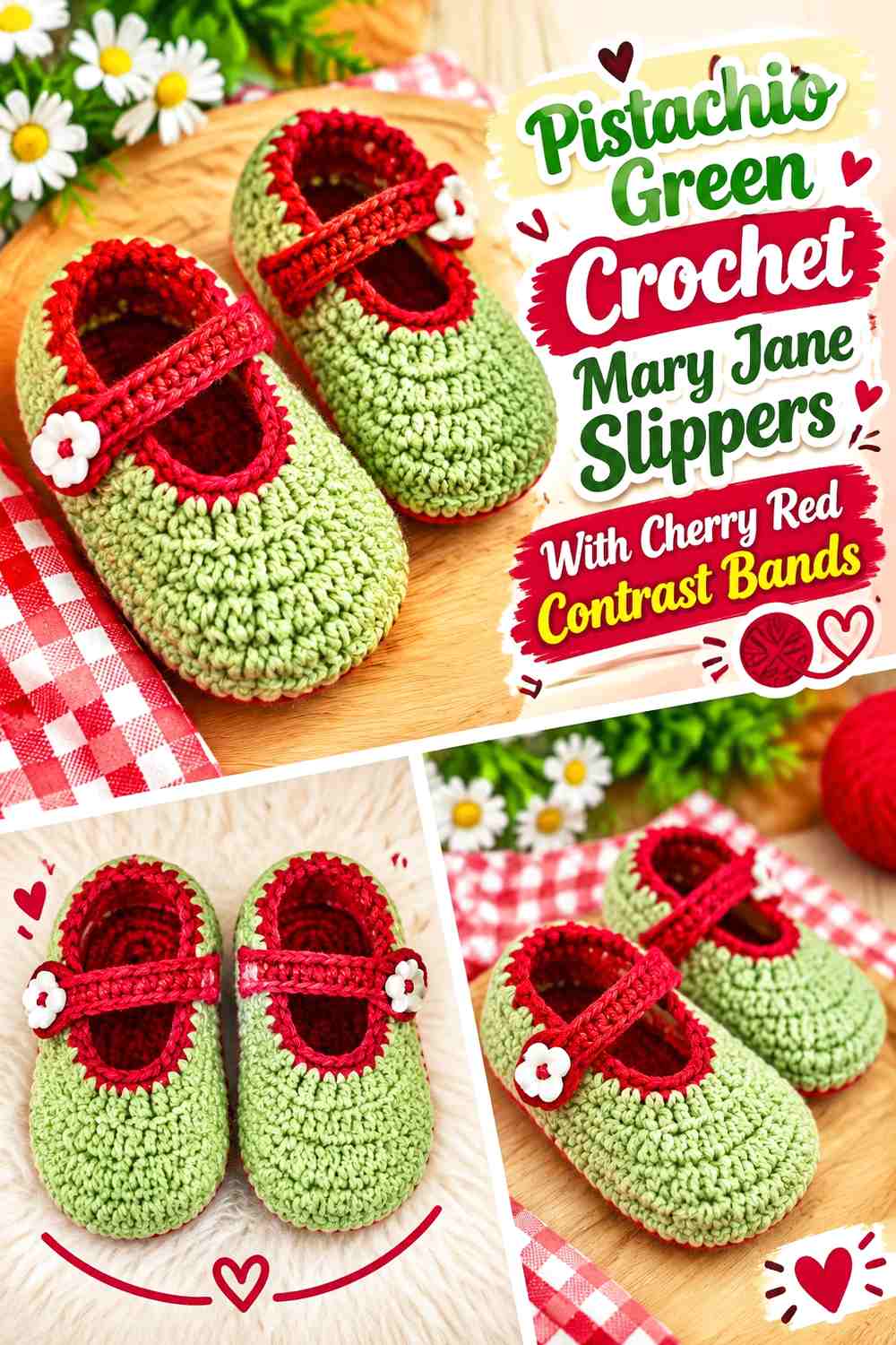 Pistachio Green Crochet Mary Jane Slippers With Cherry Red Contrast Bands