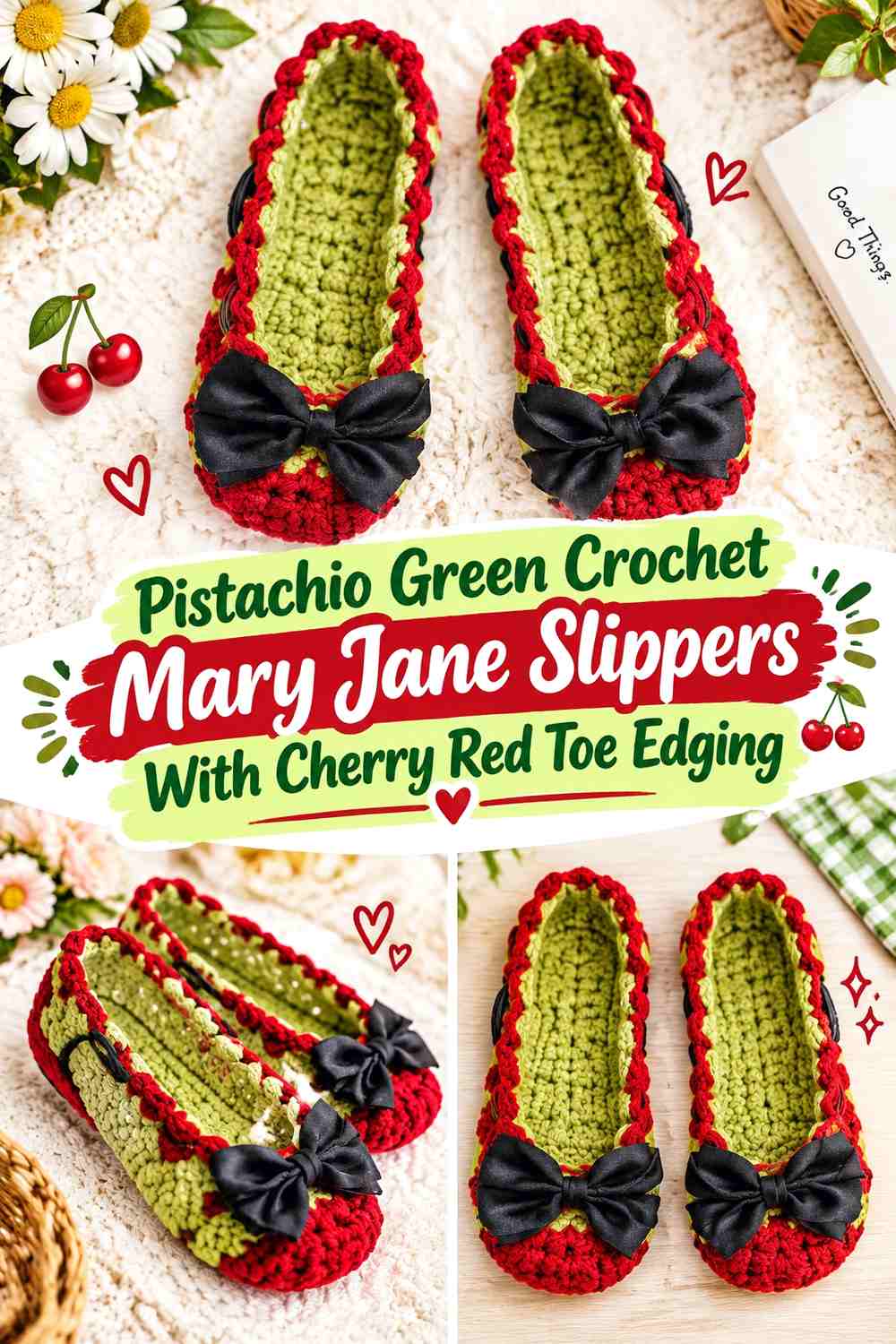 Pistachio Green Crochet Mary Jane Slippers With Cherry Red Toe Edging