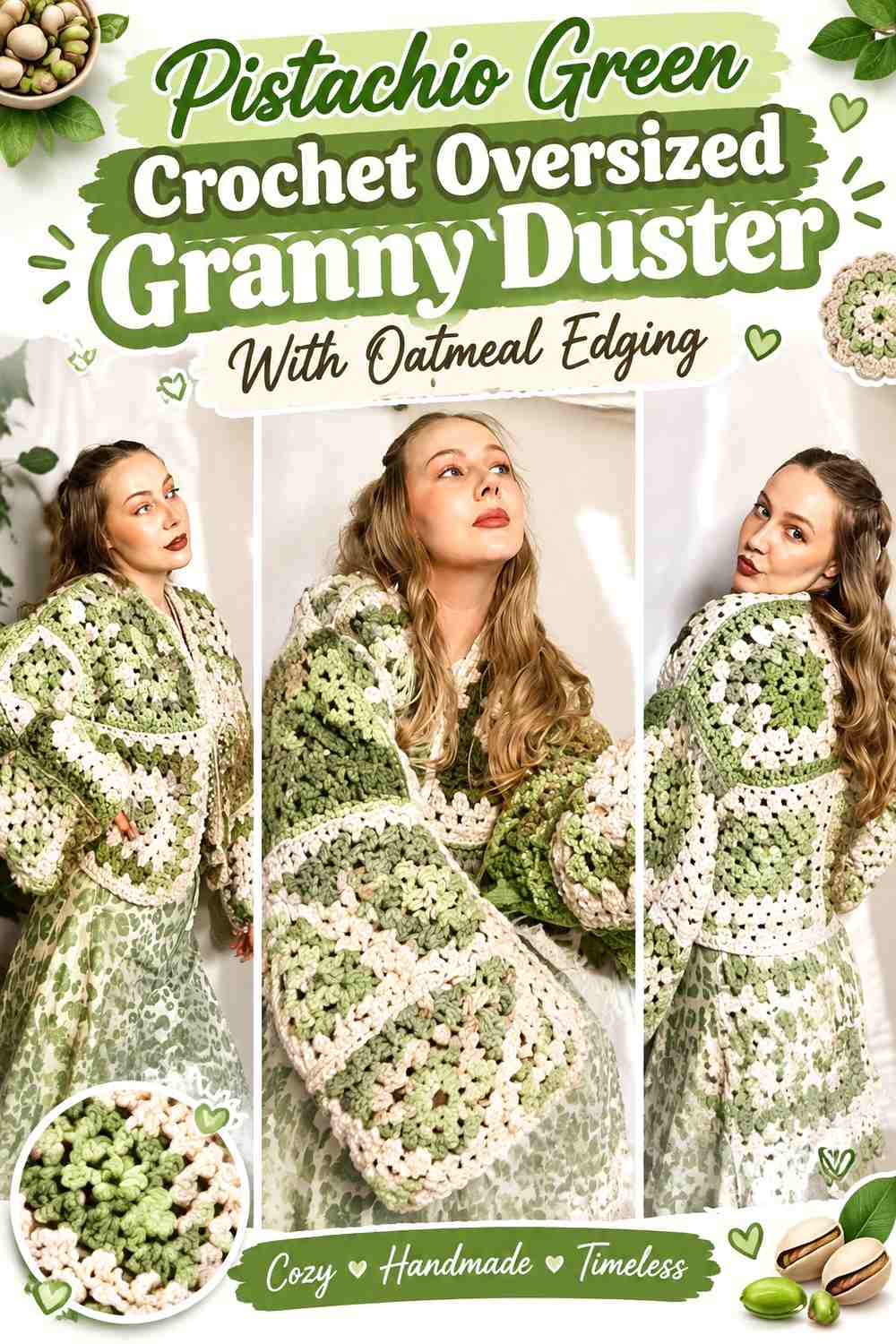 Pistachio Green Crochet Oversized Granny Duster With Oatmeal Edging