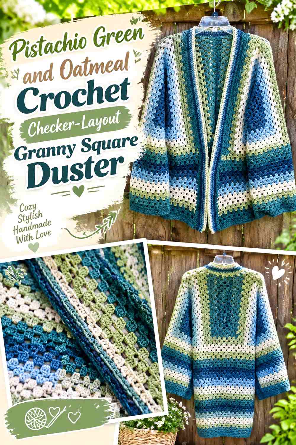 Pistachio Green and Oatmeal Crochet Checker-Layout Granny Square Duster