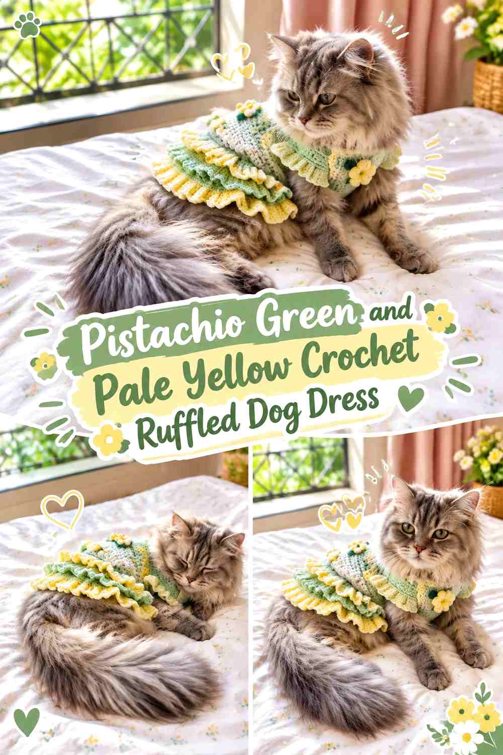 Pistachio Green and Pale Yellow Crochet Ruffled Dog Dress