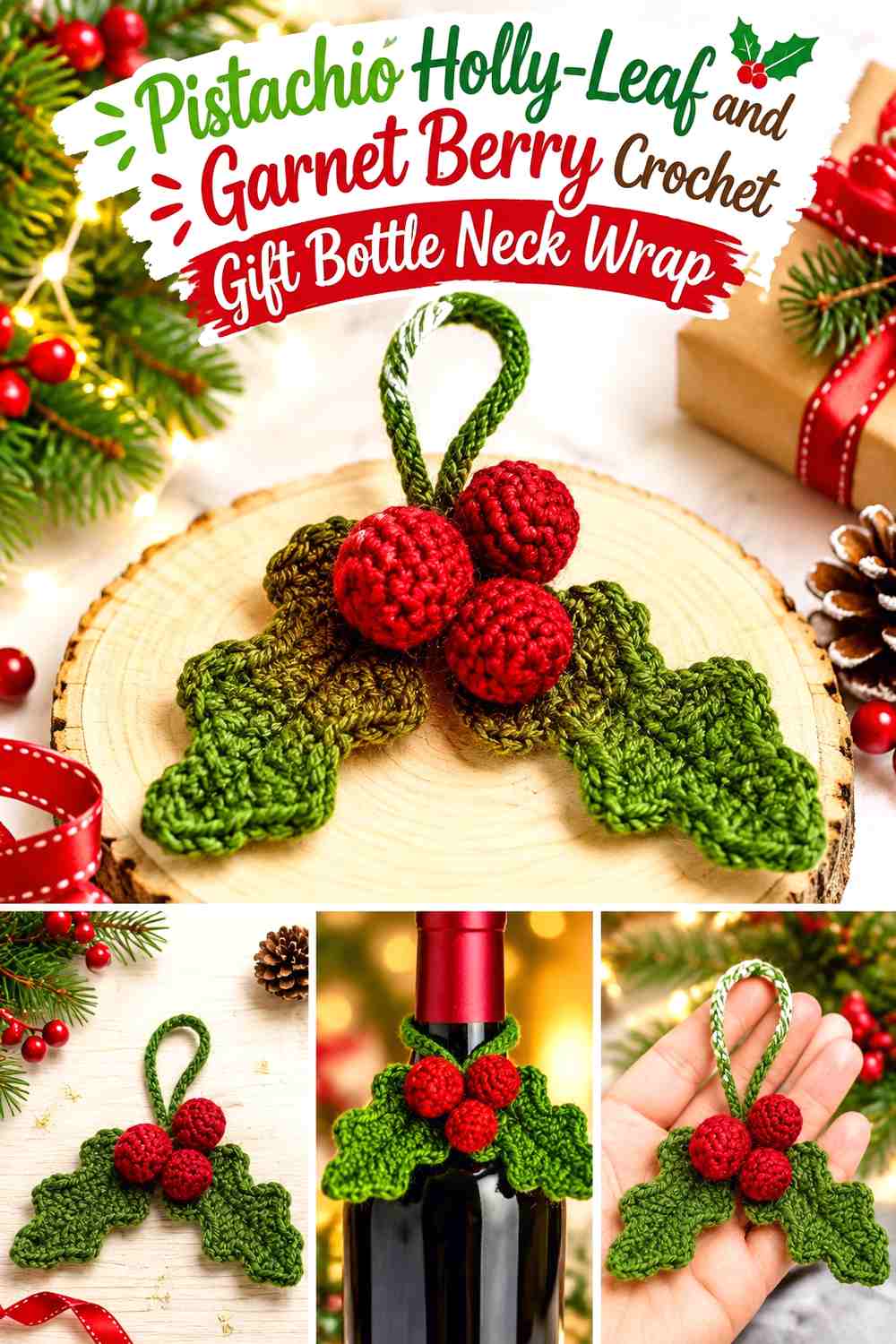 12. Pistachio Holly Leaf And Garnet Berry Crochet Gift Bottle Neck Wrap
