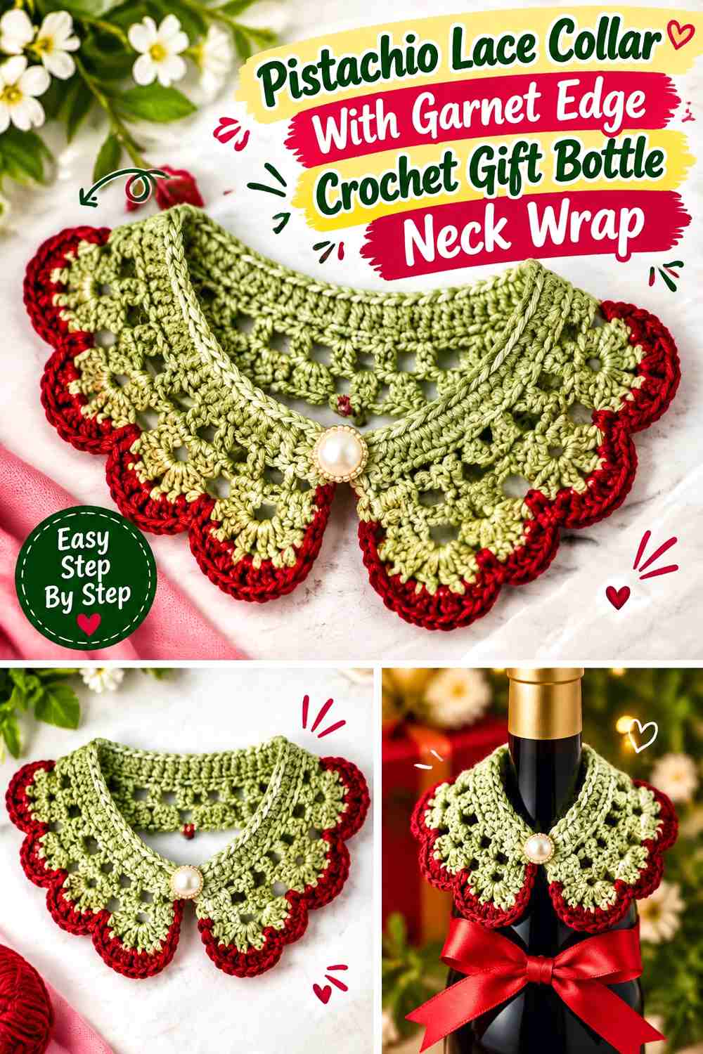 16. Pistachio Lace Collar With Garnet Edge Crochet Gift Bottle Neck Wrap