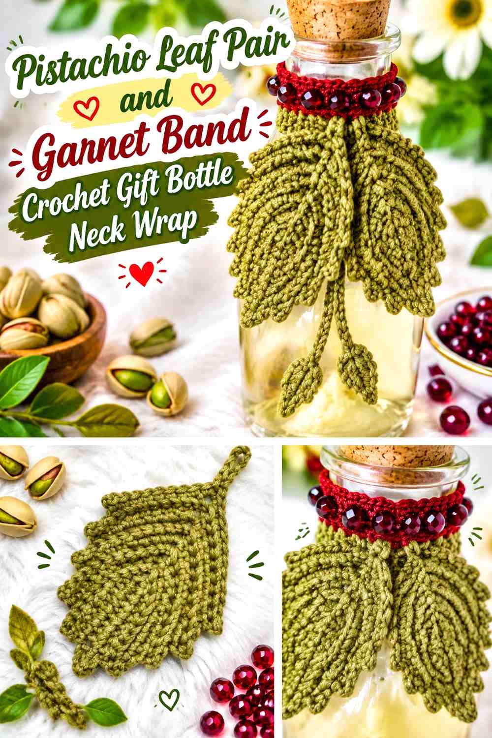 11. Pistachio Leaf Pair And Garnet Band Crochet Gift Bottle Neck Wrap