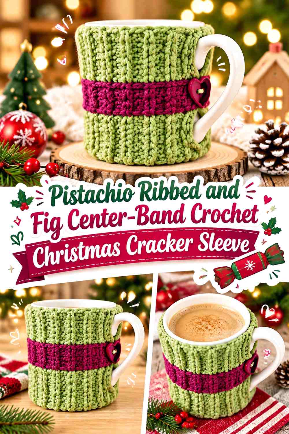 6. Pistachio Ribbed And Fig Center Band Crochet Christmas Cracker Sleeve