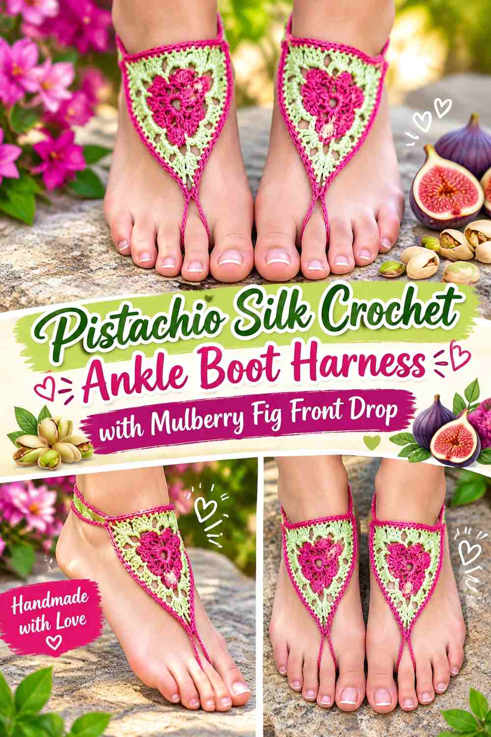 Pistachio Silk Crochet Ankle Boot Harness with Mulberry Fig Front Drop
