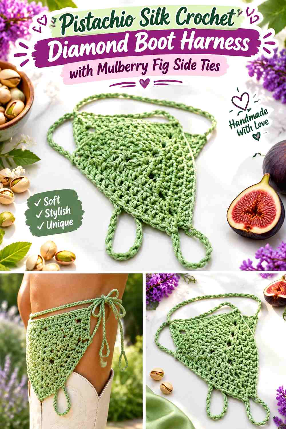 Pistachio Silk Crochet Diamond Boot Harness with Mulberry Fig Side Ties