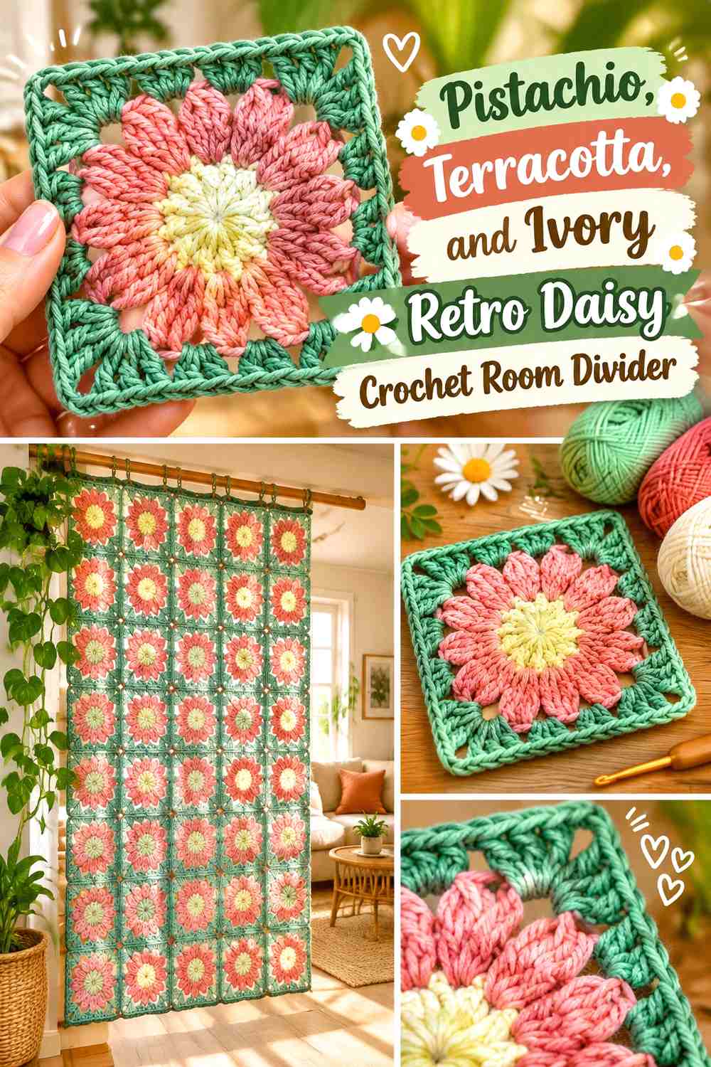 Pistachio, Terracotta, and Ivory Retro Daisy Crochet Room Divider