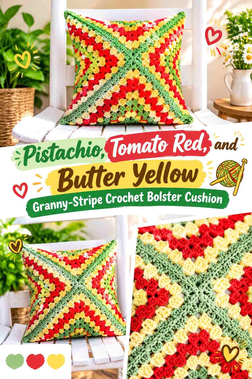 Pistachio, Tomato Red, and Butter Yellow Granny-Stripe Crochet Bolster Cushion