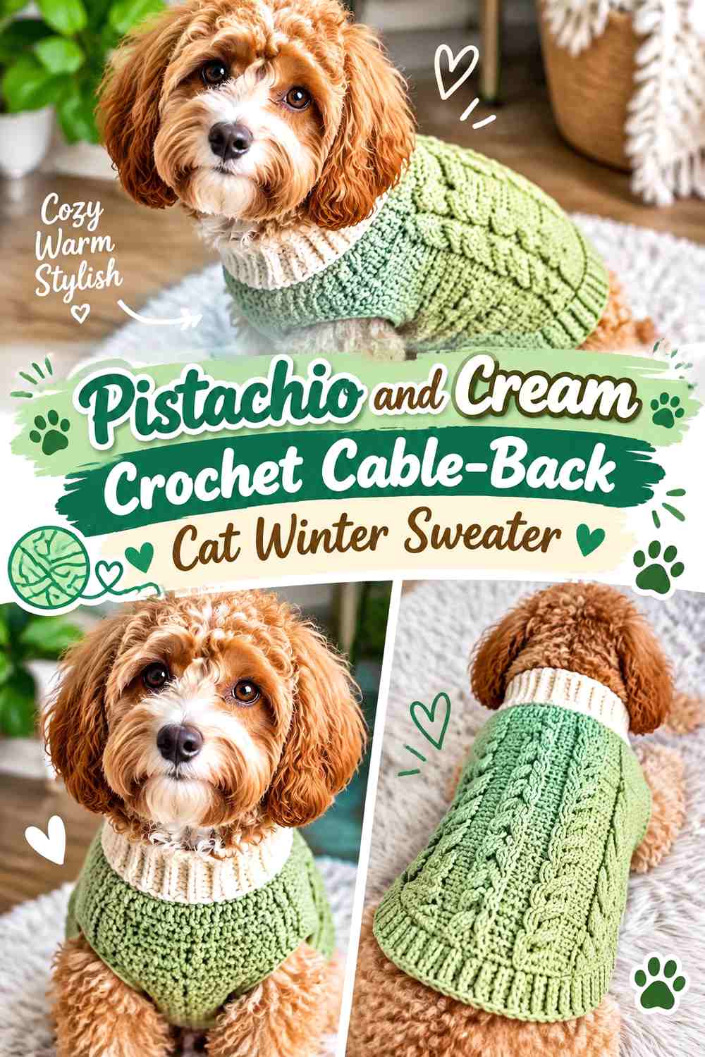 Pistachio and Cream Crochet Cable-Back Cat Winter Sweater