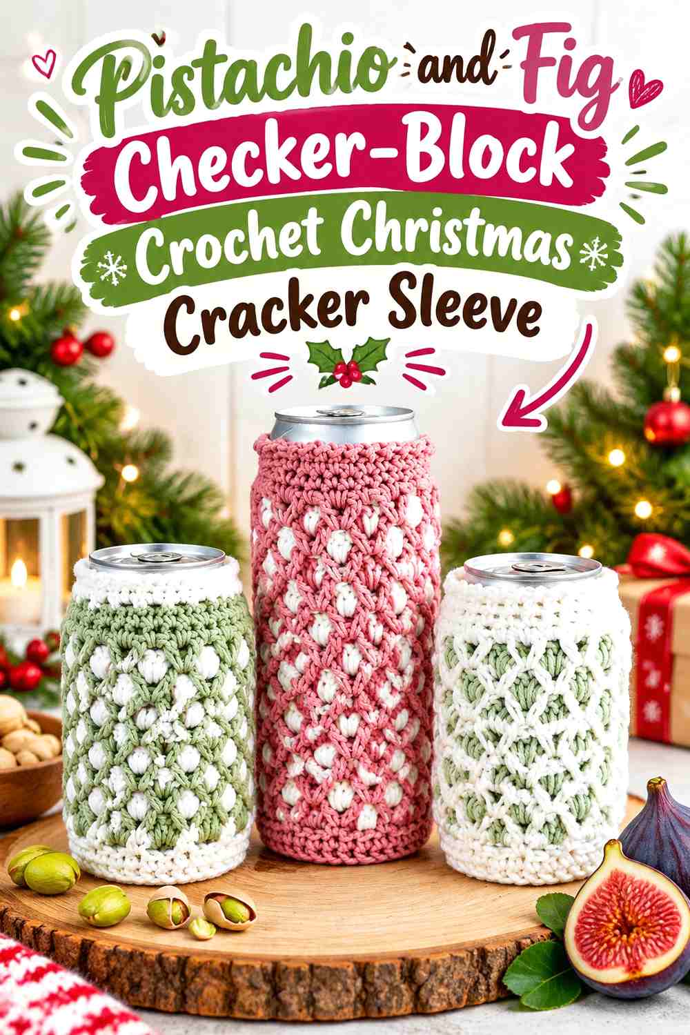13. Pistachio And Fig Checker Block Crochet Christmas Cracker Sleeve