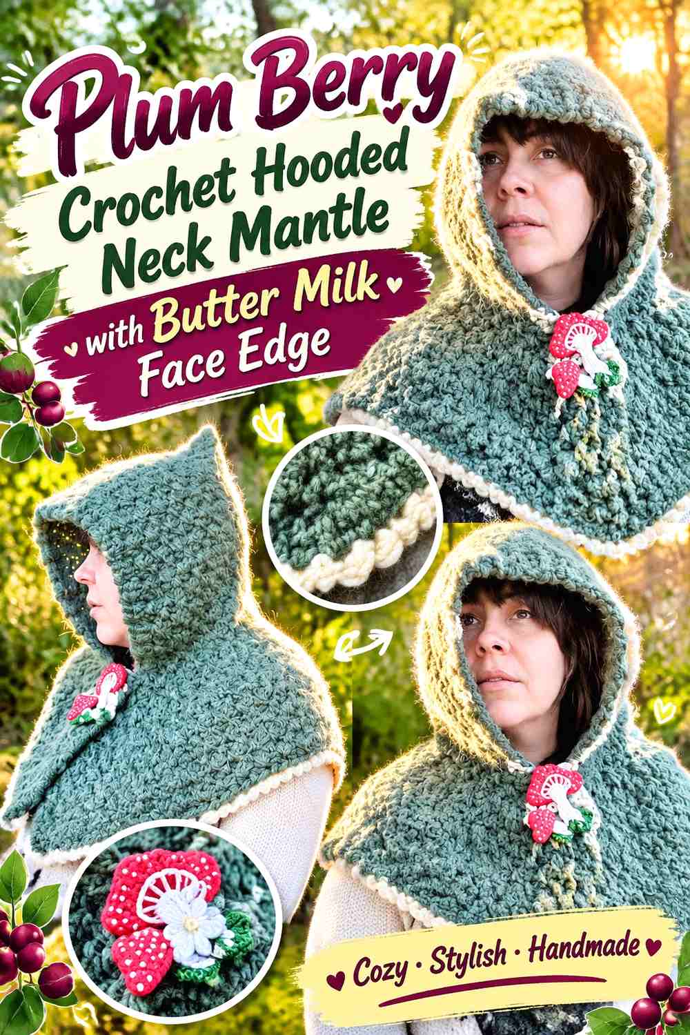 Plum Berry Crochet Hooded Neck Mantle with Butter Milk Face Edge