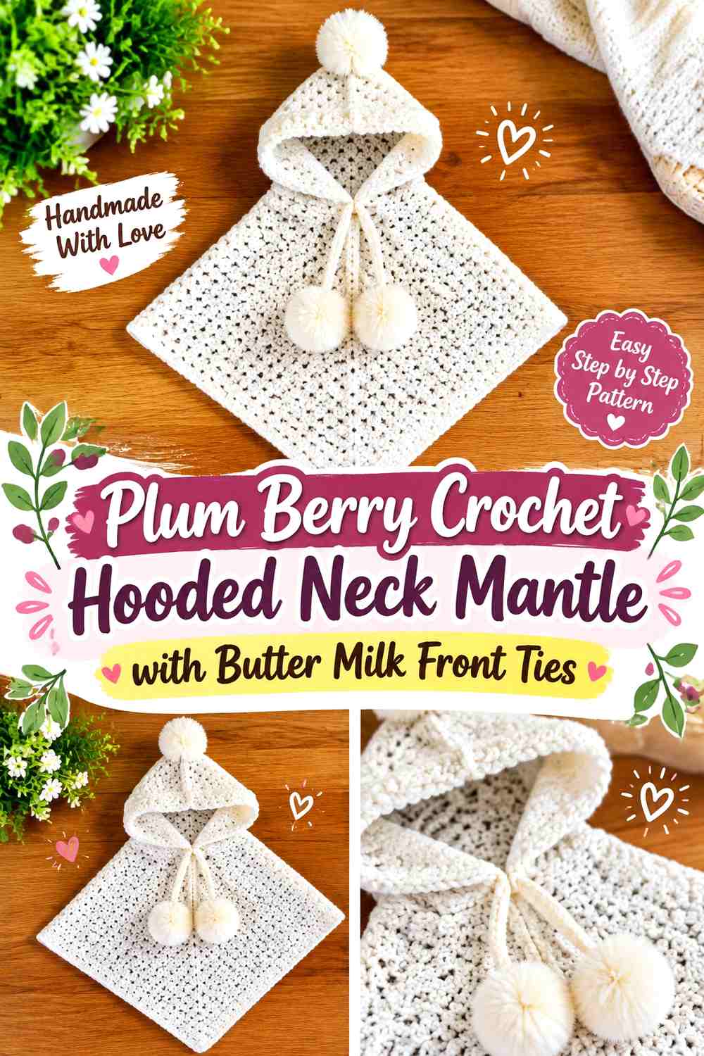 Plum Berry Crochet Hooded Neck Mantle with Butter Milk Front Ties
