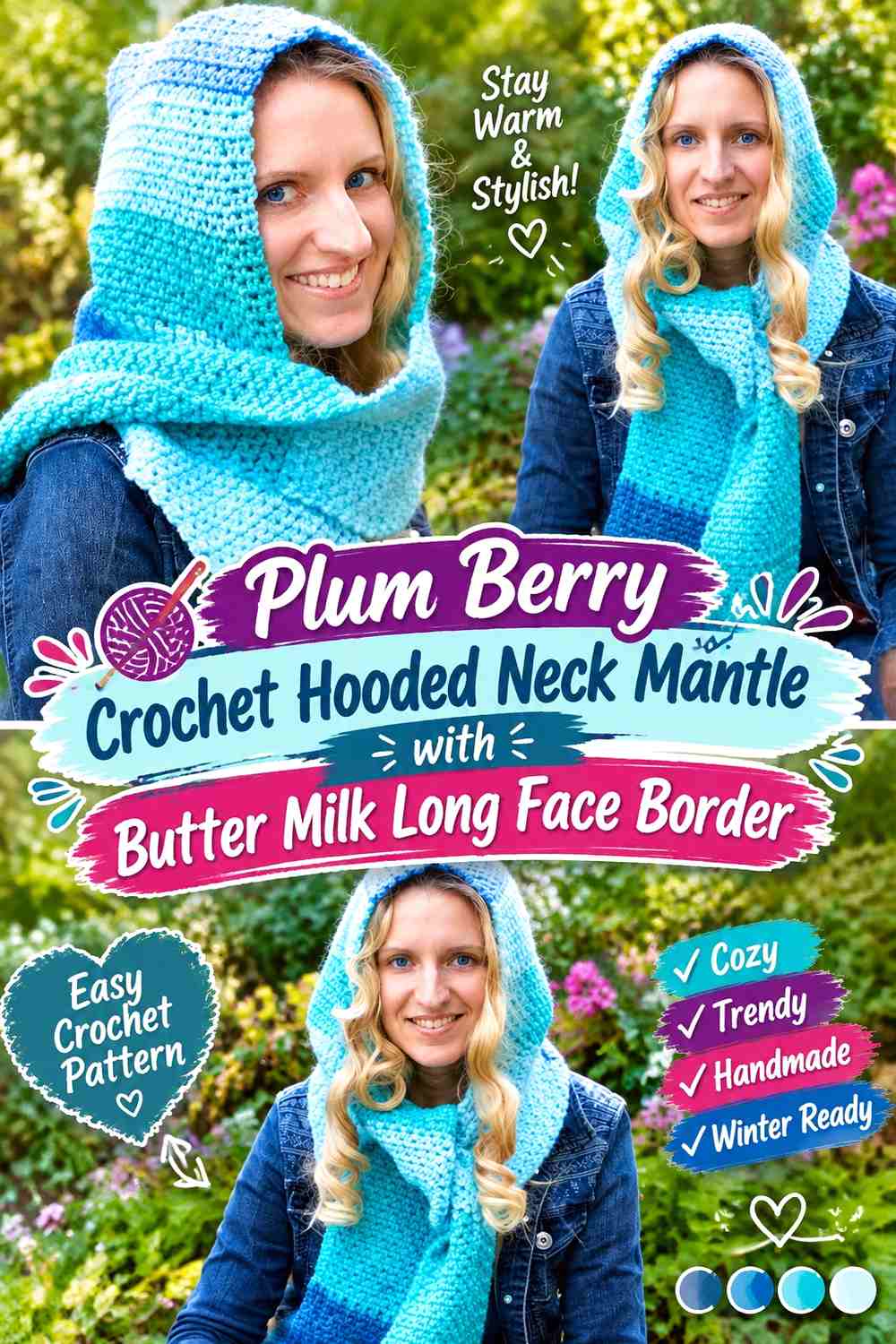 Plum Berry Crochet Hooded Neck Mantle with Butter Milk Long Face Border