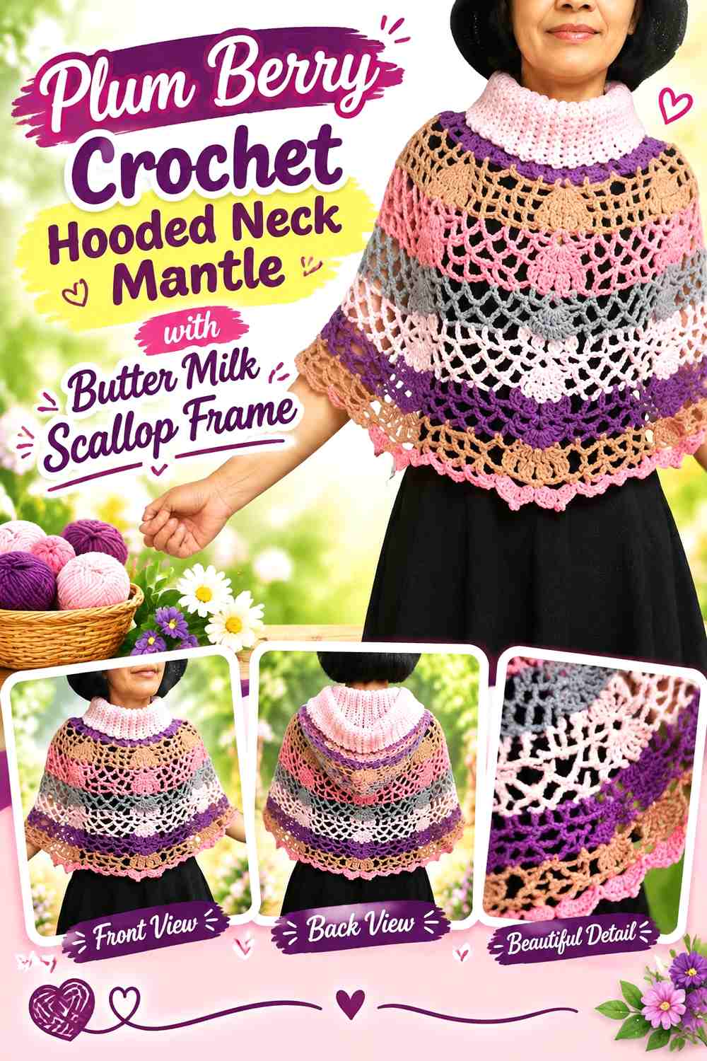 Plum Berry Crochet Hooded Neck Mantle with Butter Milk Scallop Frame