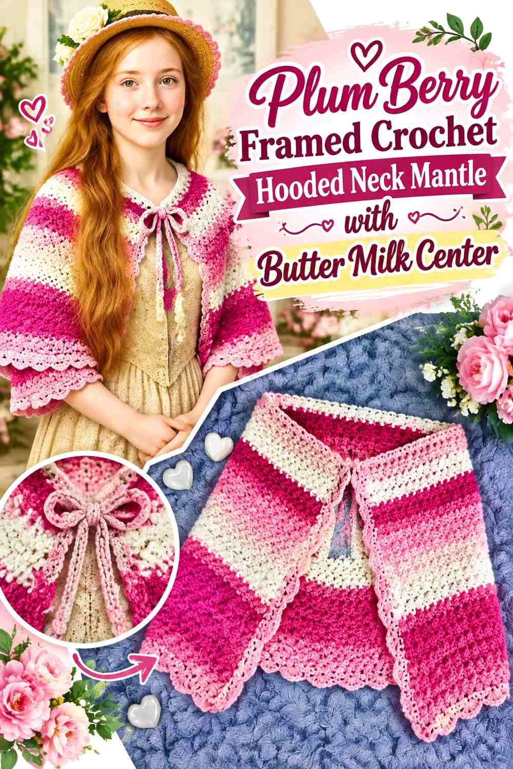 Plum Berry Framed Crochet Hooded Neck Mantle with Butter Milk Center