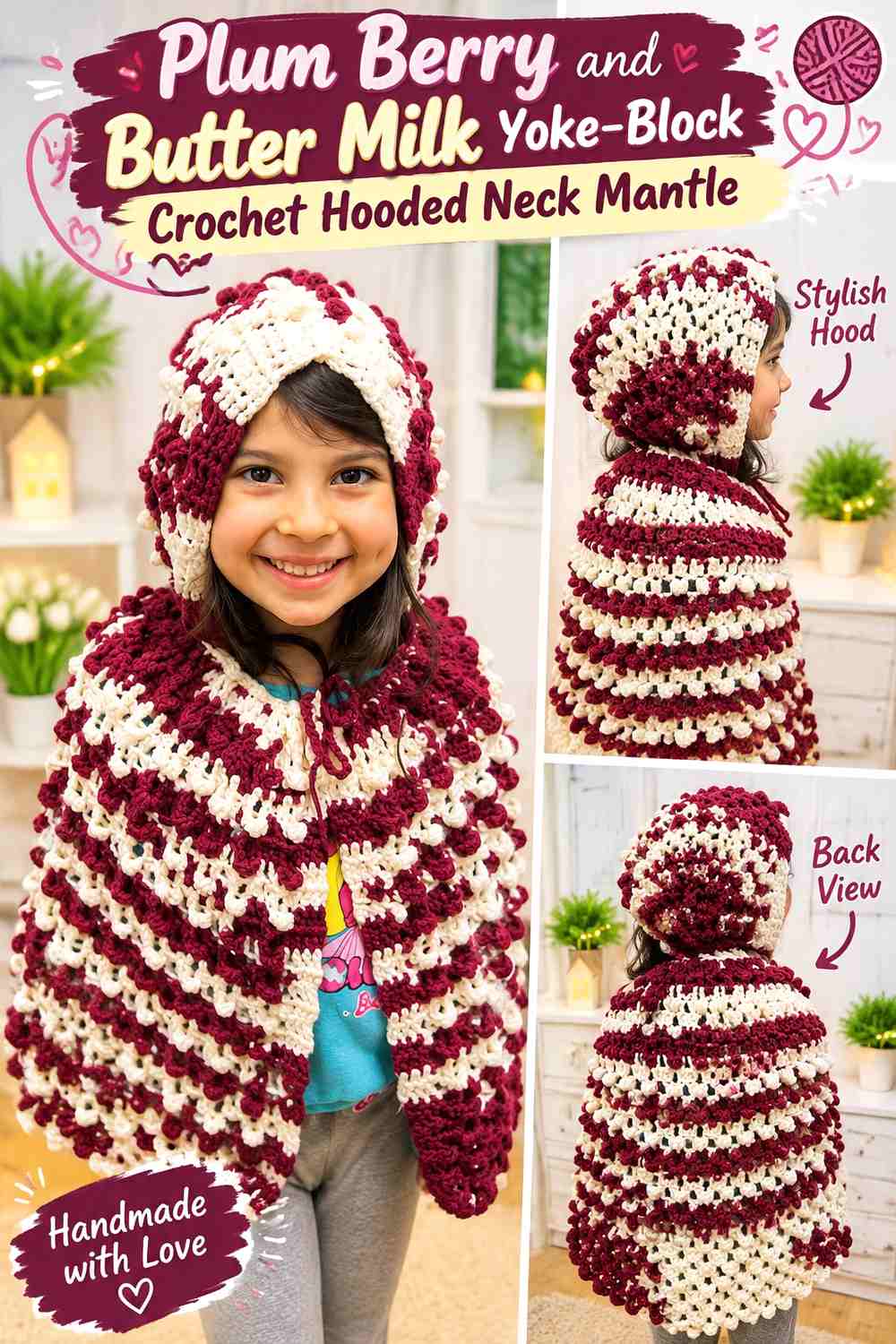 Plum Berry and Butter Milk Yoke-Block Crochet Hooded Neck Mantle