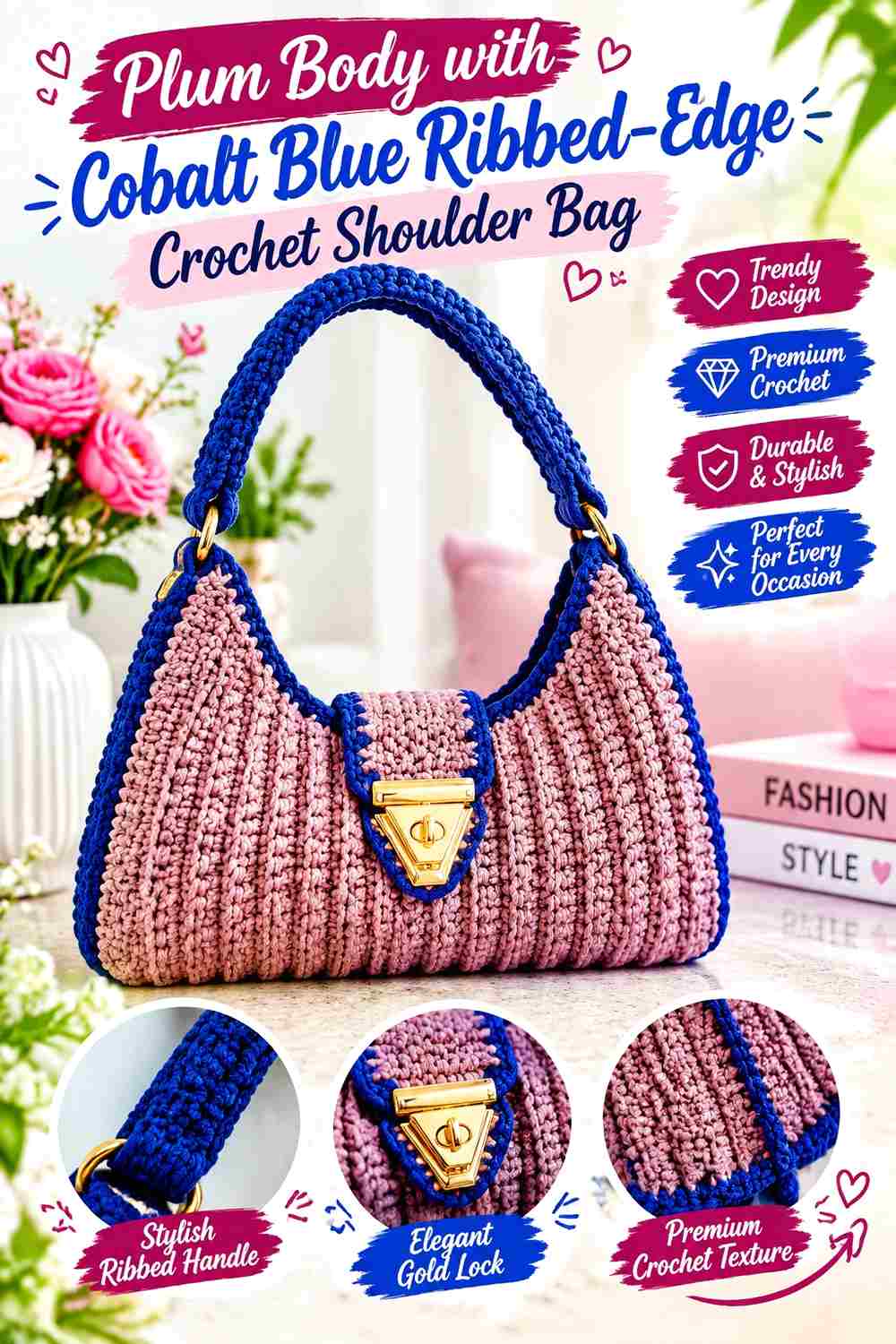 2. Plum Body With Cobalt Blue Ribbed Edge Crochet Shoulder Bag