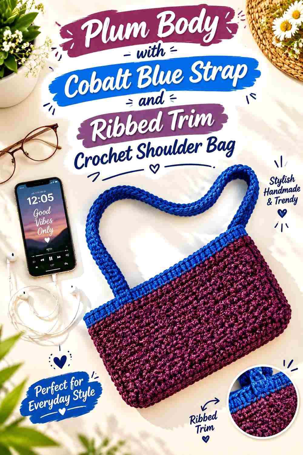 13. Plum Body With Cobalt Blue Strap And Ribbed Trim Crochet Shoulder Bag