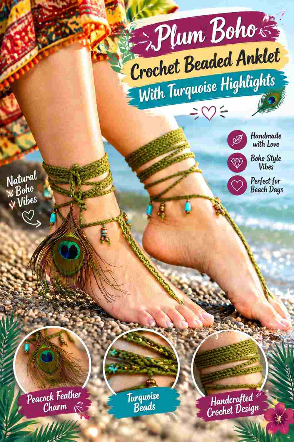 8. Plum Boho Crochet Beaded Anklet With Turquoise Highlights