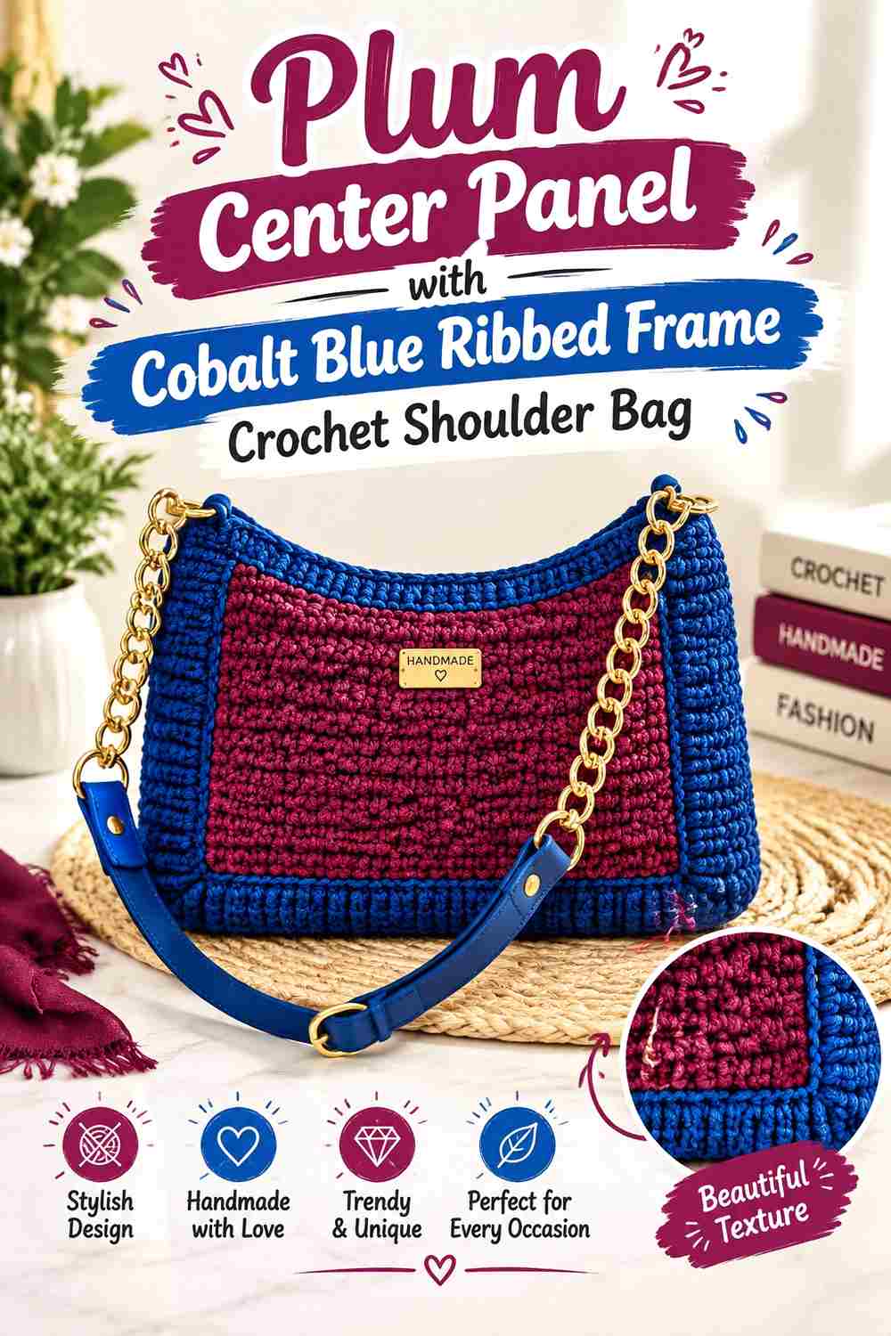10. Plum Center Panel With Cobalt Blue Ribbed Frame Crochet Shoulder Bag