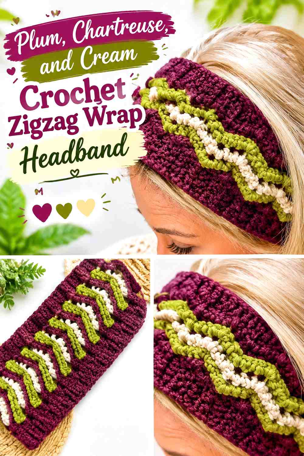 Plum, Chartreuse, and Cream Crochet Zigzag Wrap Headband