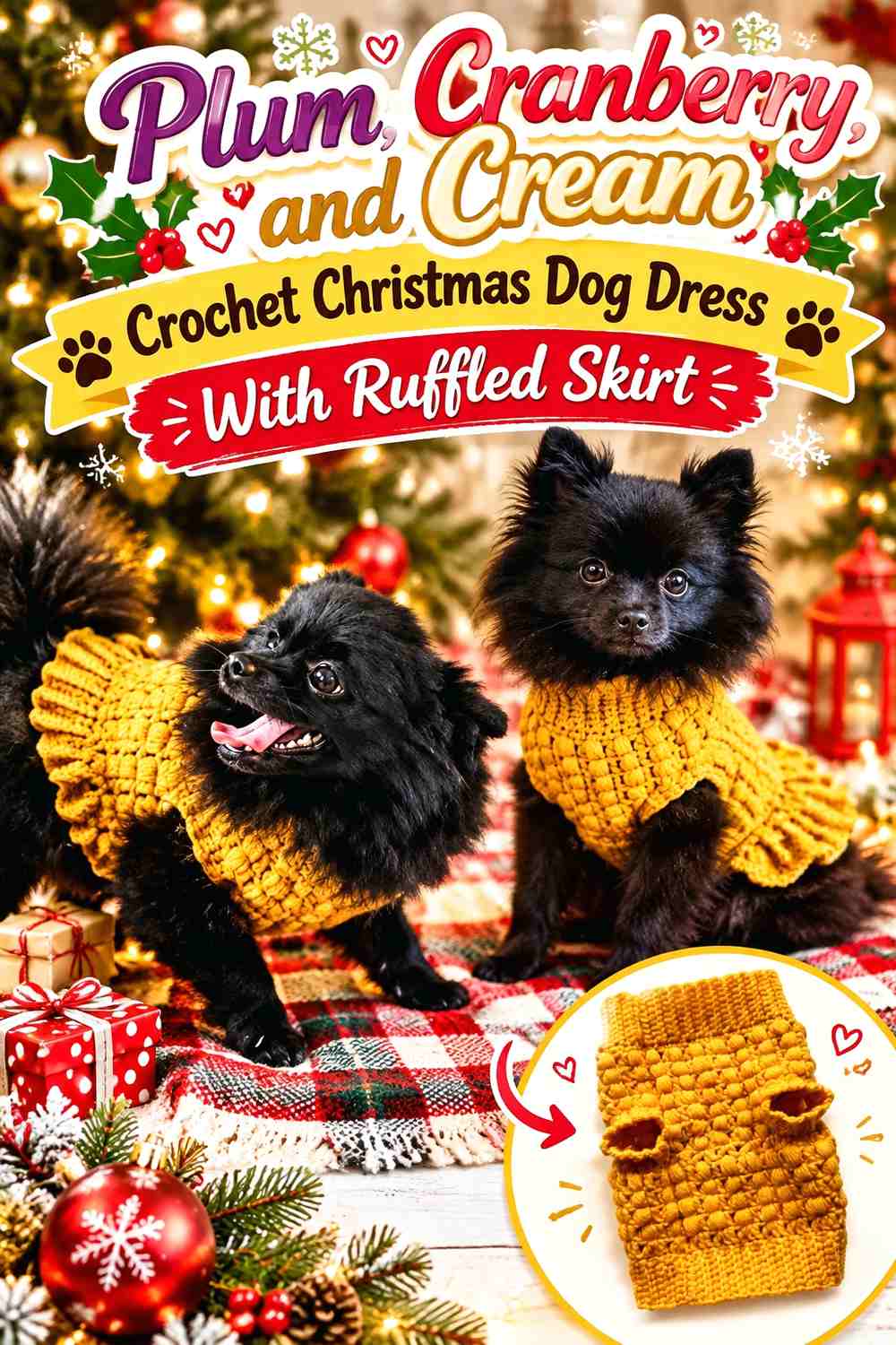 Plum, Cranberry, and Cream Crochet Christmas Dog Dress With Ruffled Skirt