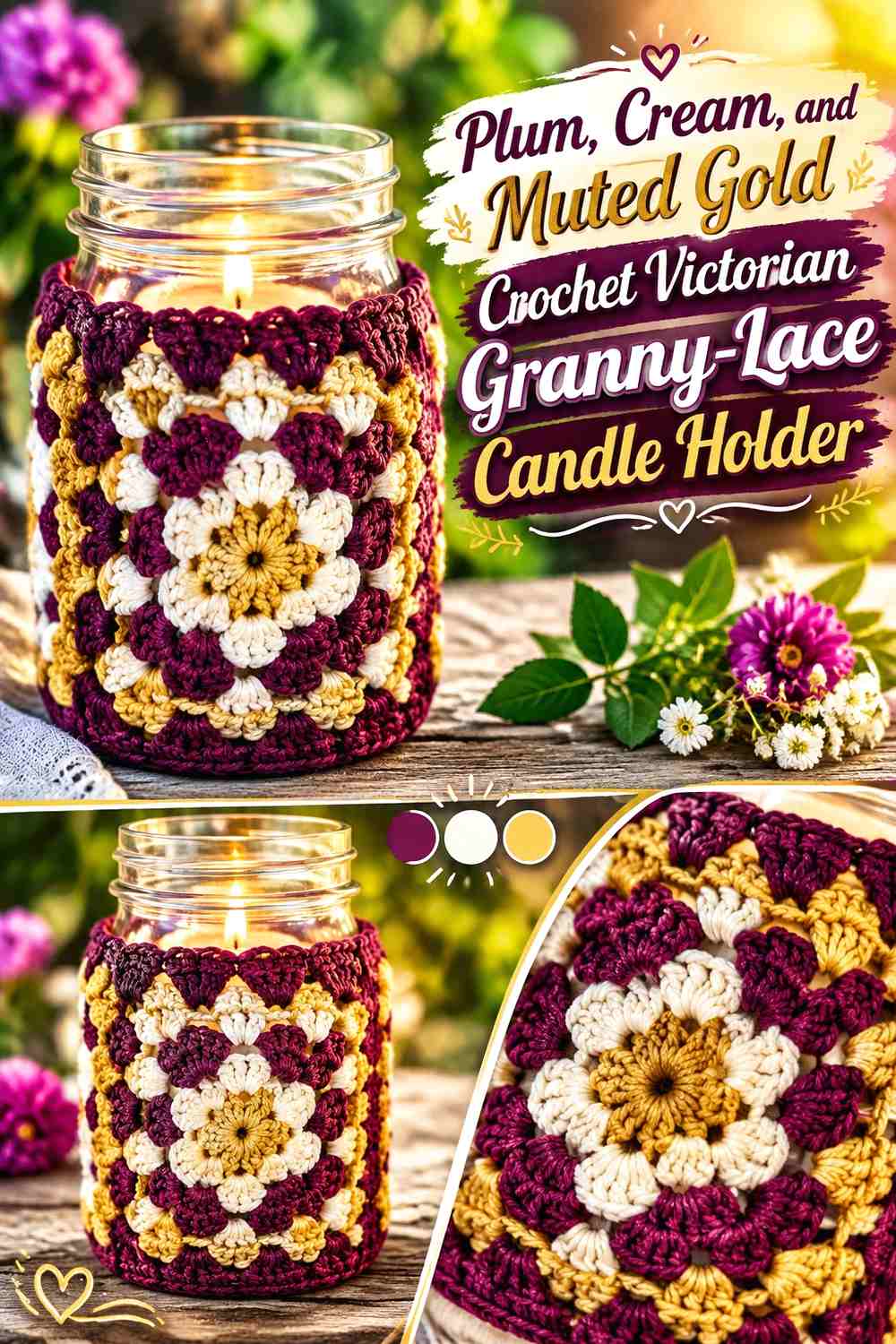 Plum, Cream, and Muted Gold Crochet Victorian Granny-Lace Candle Holder
