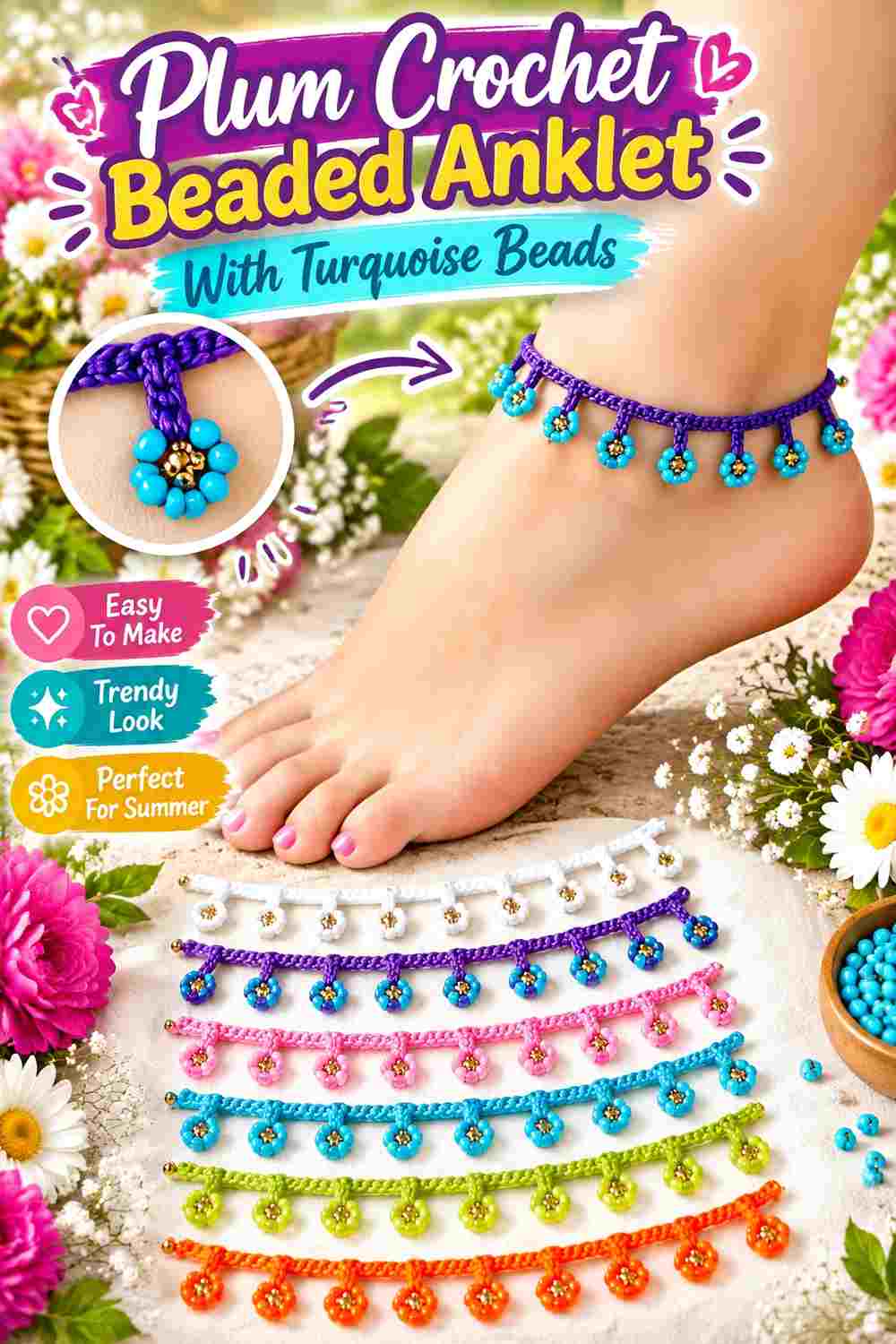 2. Plum Crochet Beaded Anklet With Turquoise Beads