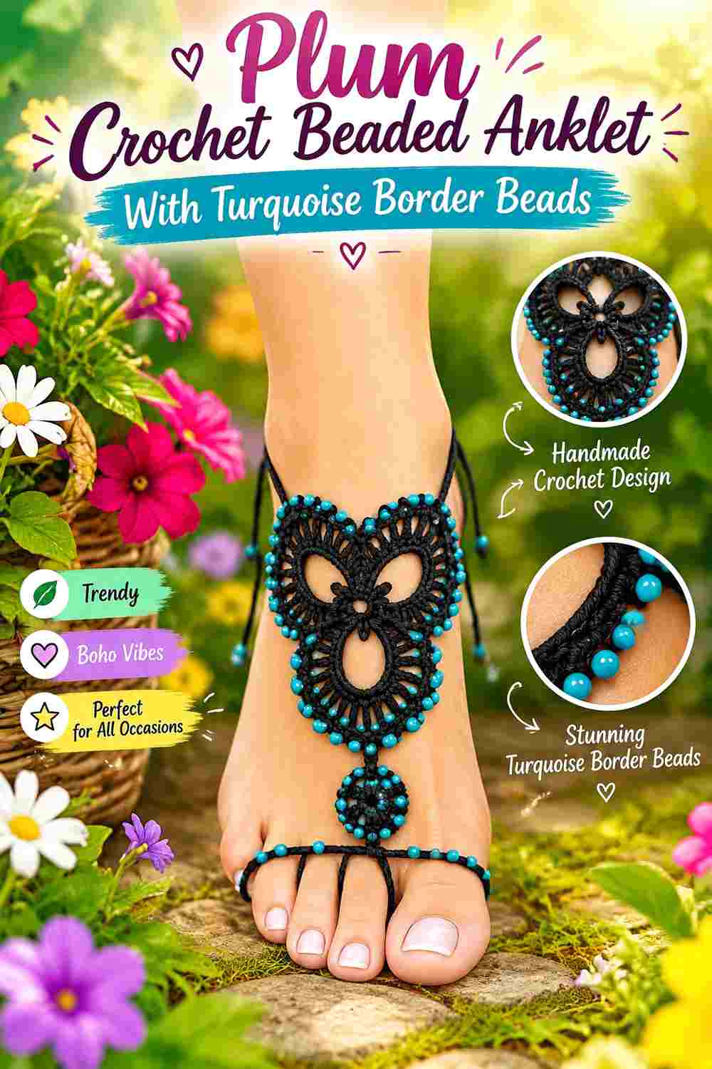 10. Plum Crochet Beaded Anklet With Turquoise Border Beads