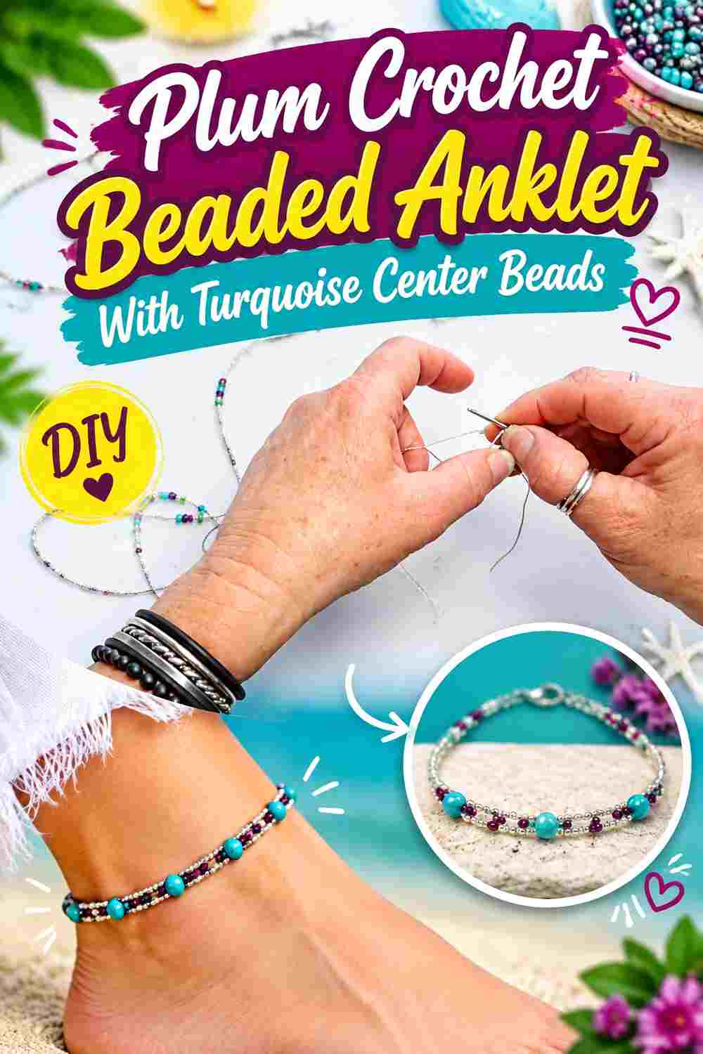 4. Plum Crochet Beaded Anklet With Turquoise Center Beads