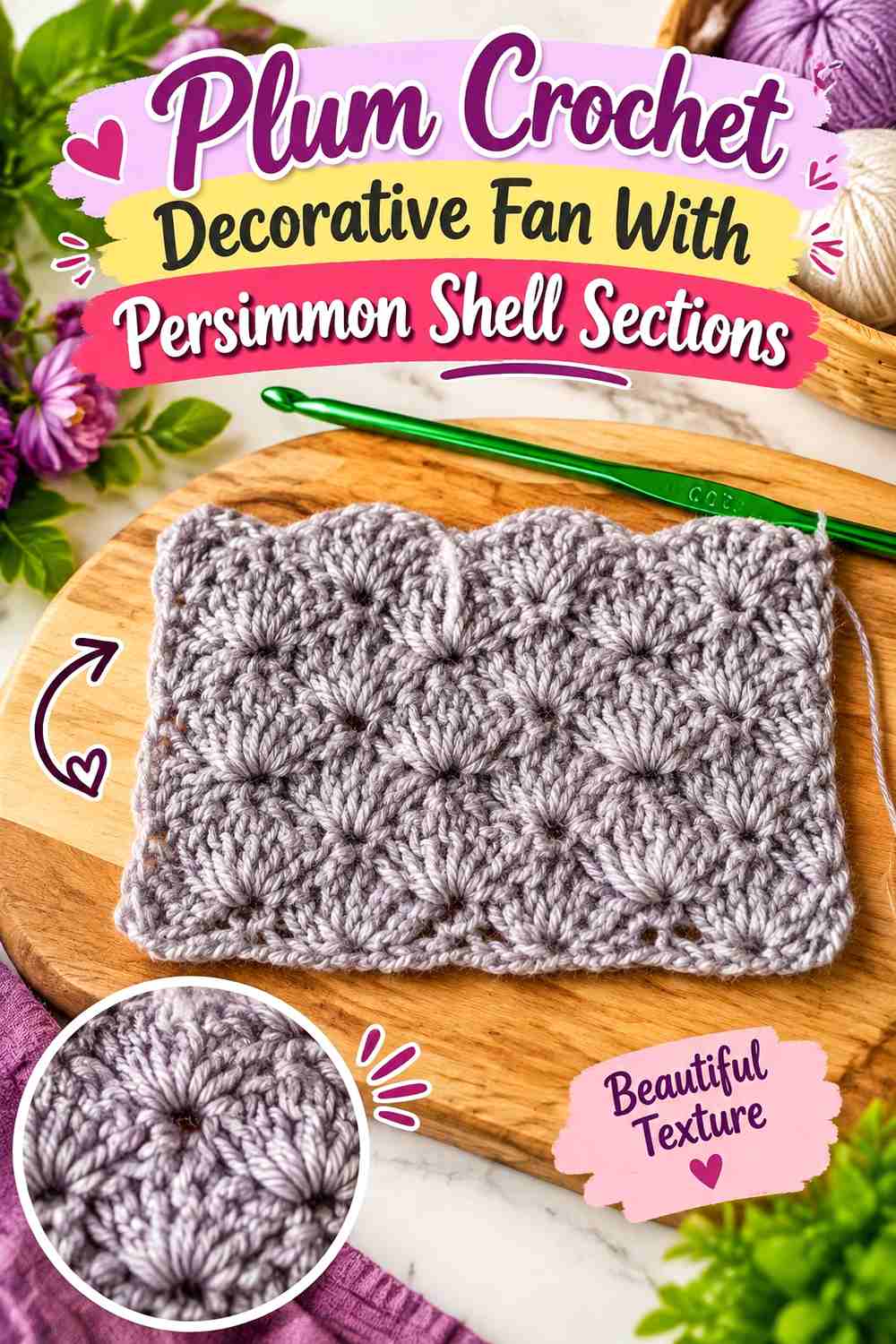13. Plum Crochet Decorative Fan With Persimmon Shell Sections