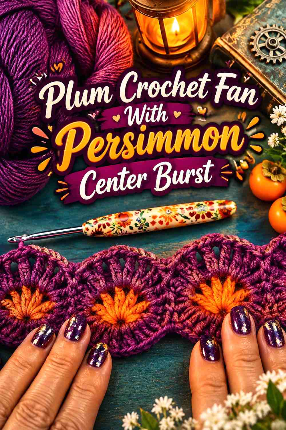 11. Plum Crochet Fan With Persimmon Center Burst
