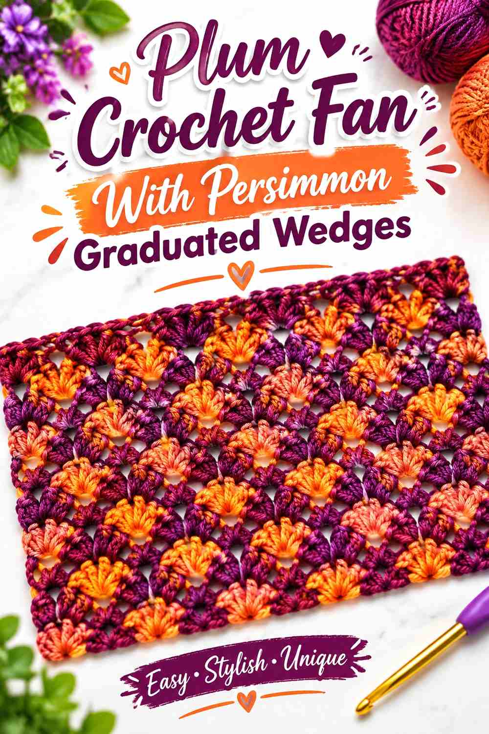 16. Plum Crochet Fan With Persimmon Graduated Wedges