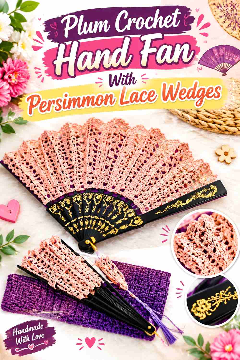2. Plum Crochet Hand Fan With Persimmon Lace Wedges