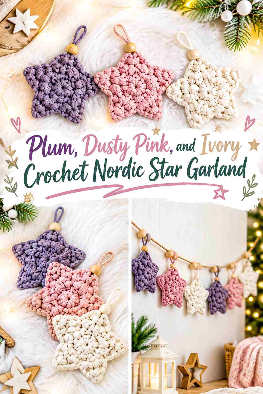 Plum, Dusty Pink, and Ivory Crochet Nordic Star Garland