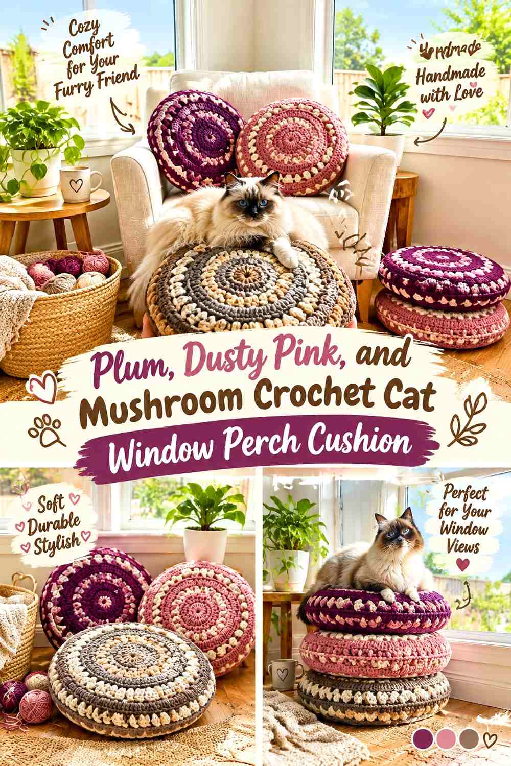 Plum, Dusty Pink, and Mushroom Crochet Cat Window Perch Cushion