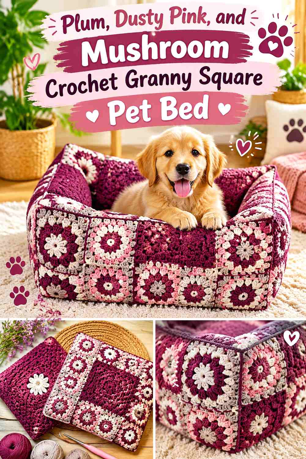 Plum, Dusty Pink, and Mushroom Crochet Granny Square Pet Bed