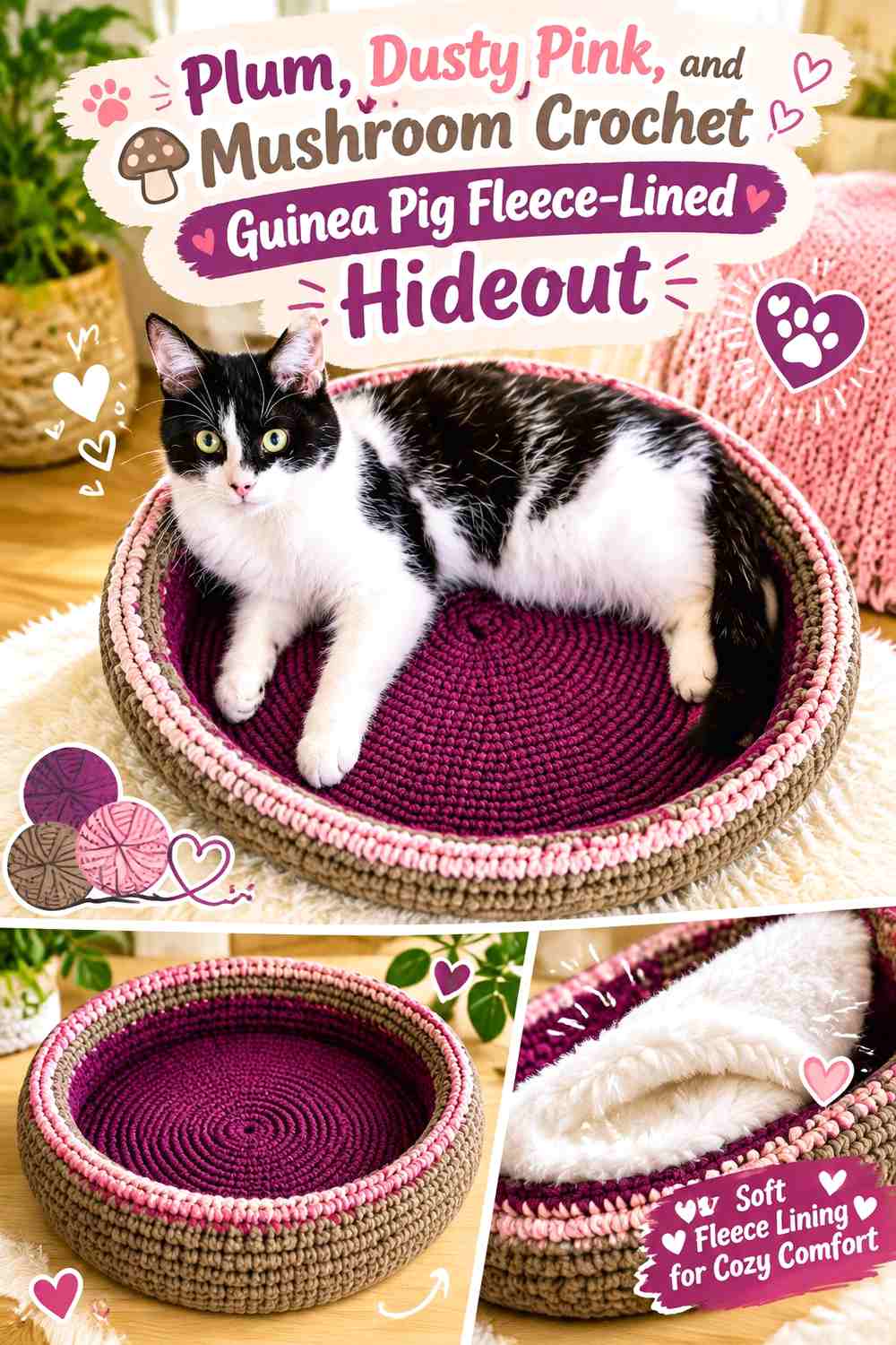 Plum, Dusty Pink, and Mushroom Crochet Guinea Pig Fleece-Lined Hideout