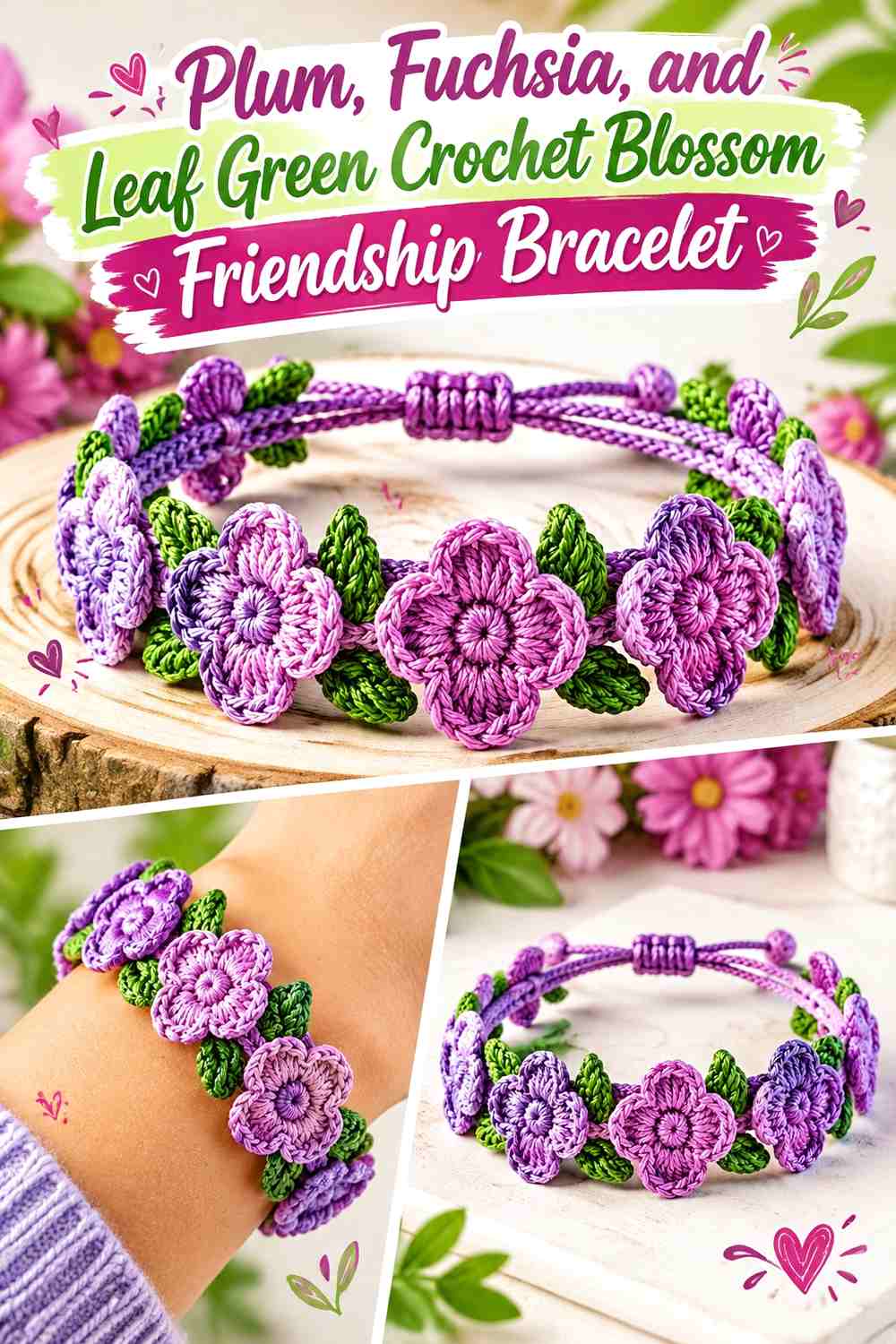 Plum, Fuchsia, and Leaf Green Crochet Blossom Friendship Bracelet