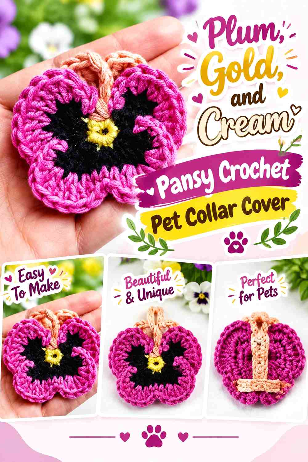 Plum, Gold, and Cream Pansy Crochet Pet Collar Cover