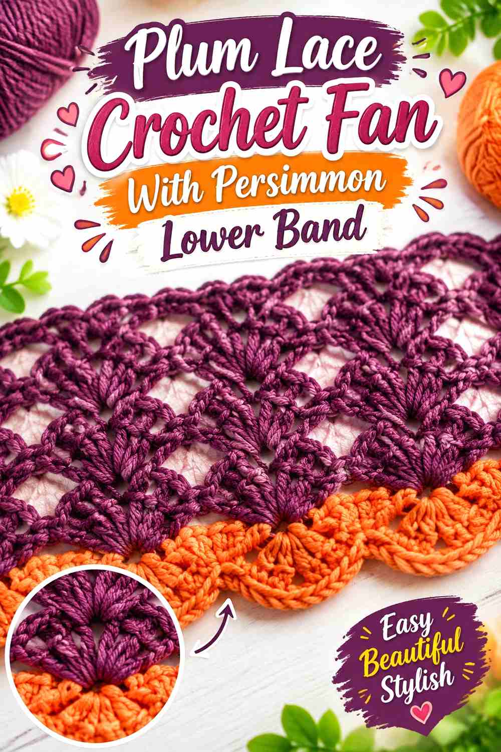 9. Plum Lace Crochet Fan With Persimmon Lower Band
