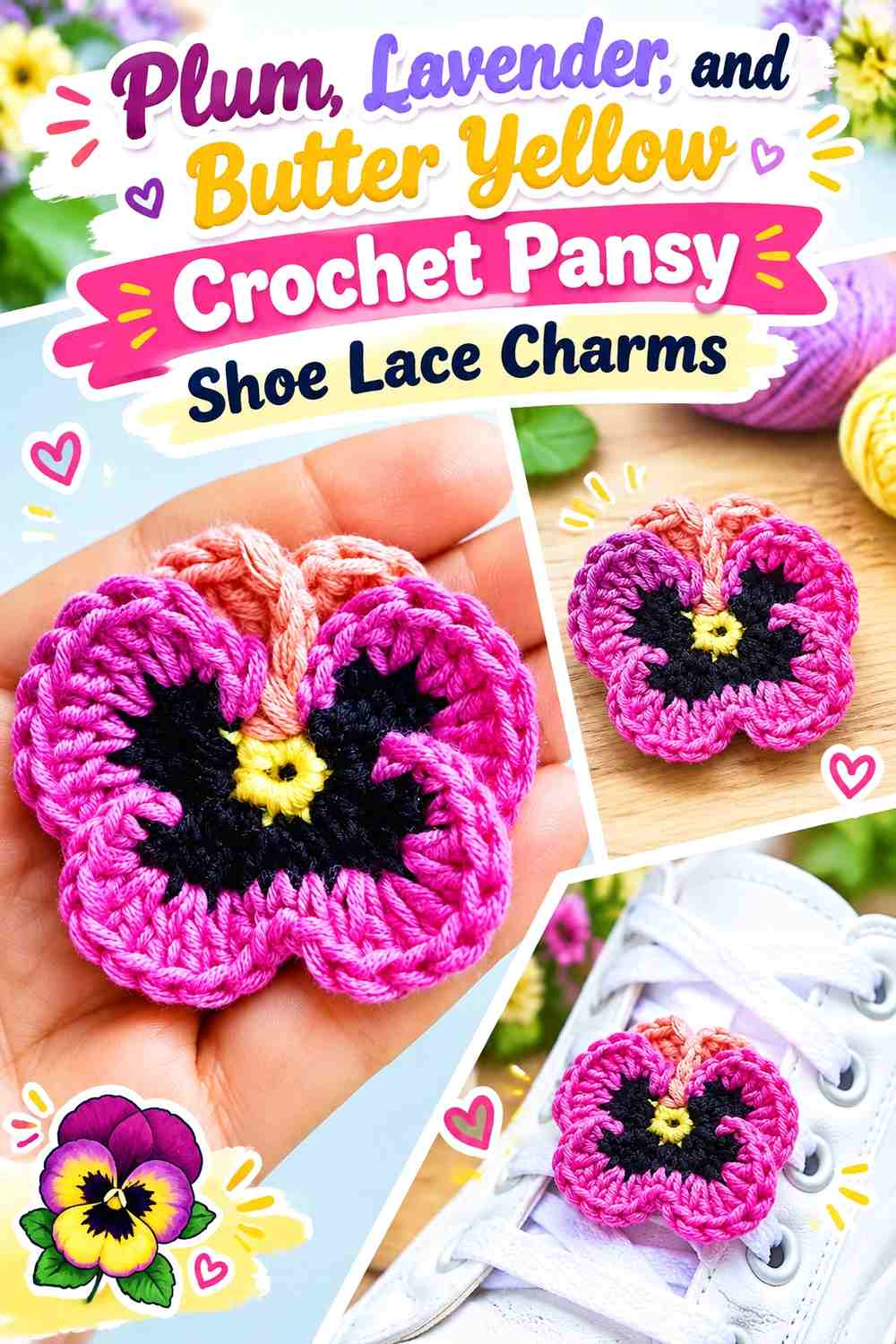 Plum, Lavender, and Butter Yellow Crochet Pansy Shoe Lace Charms