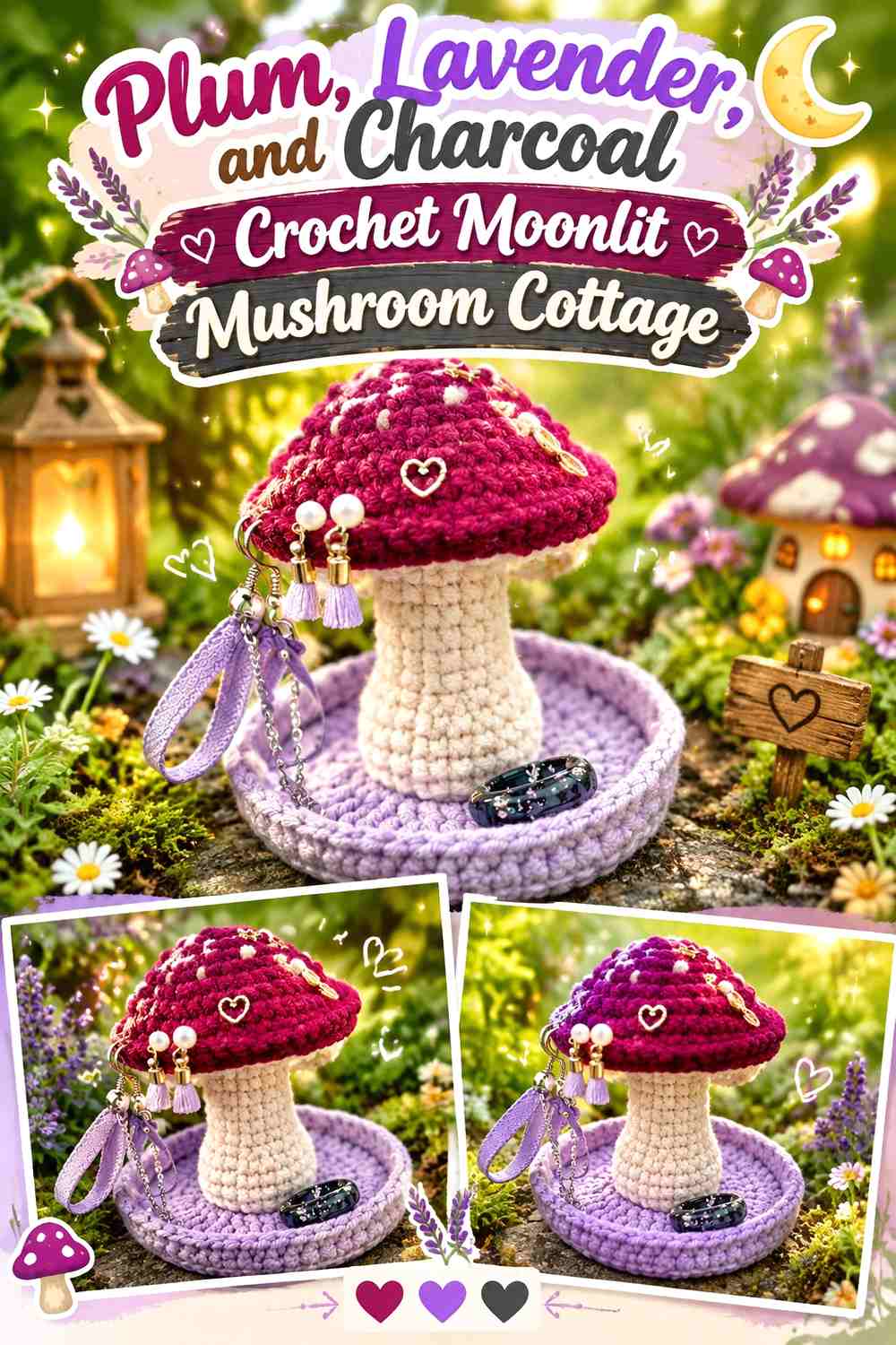 Plum, Lavender, and Charcoal Crochet Moonlit Mushroom Cottage