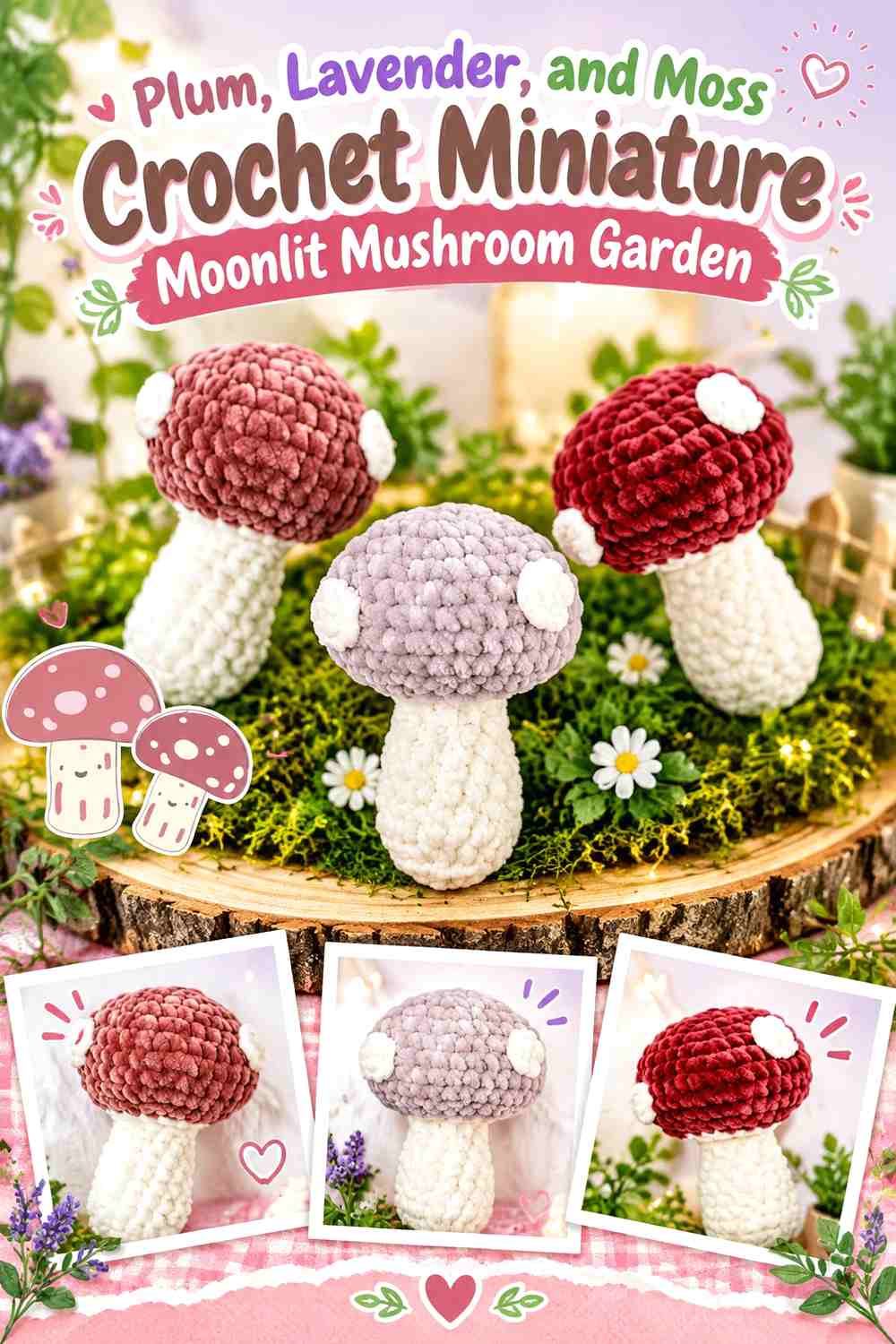Plum, Lavender, and Moss Crochet Miniature Moonlit Mushroom Garden