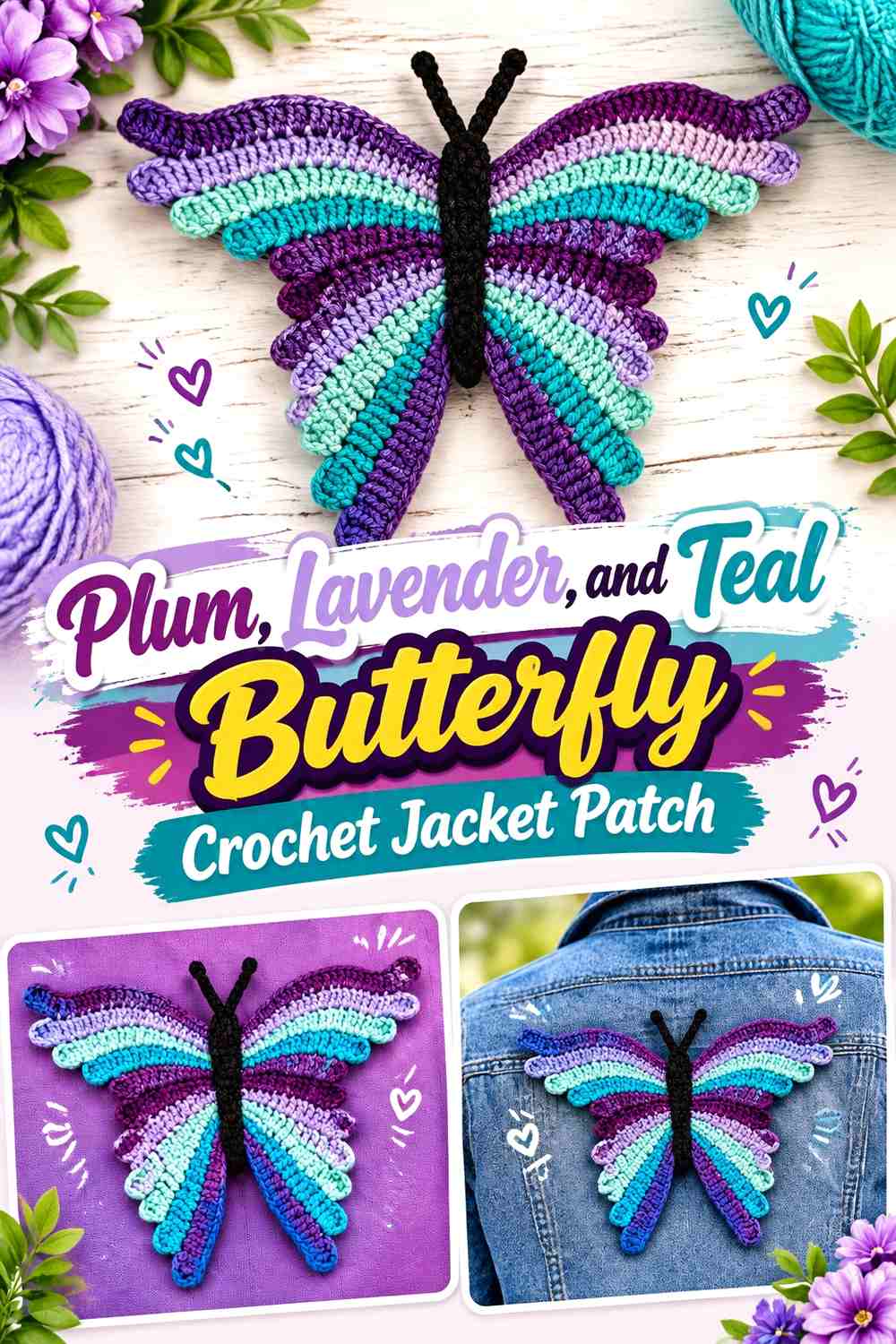 Plum, Lavender, and Teal Butterfly Crochet Jacket Patch