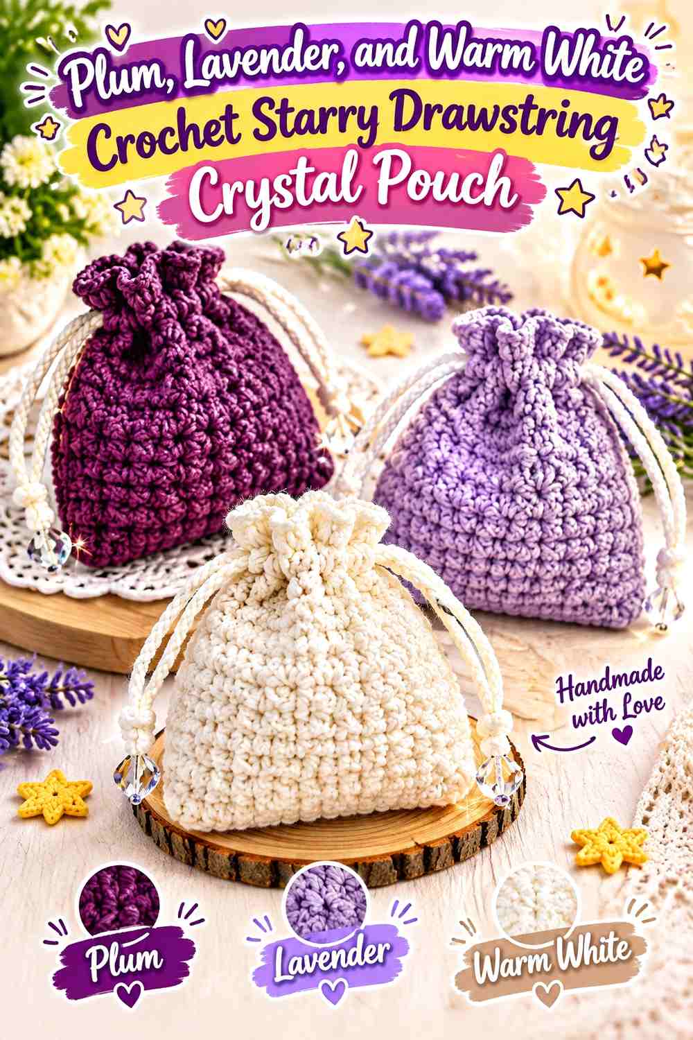 Plum, Lavender, and Warm White Crochet Starry Drawstring Crystal Pouch