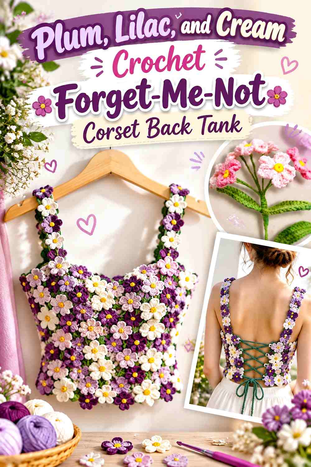 Plum, Lilac, and Cream Crochet Forget-Me-Not Corset Back Tank