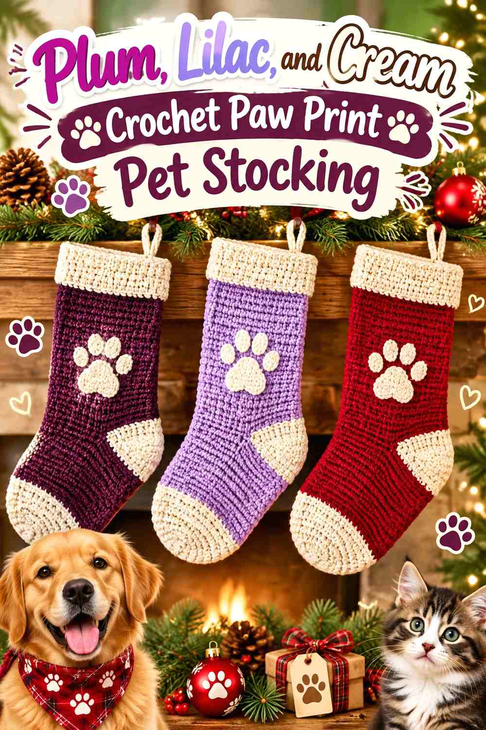 Plum, Lilac, and Cream Crochet Paw Print Pet Stocking